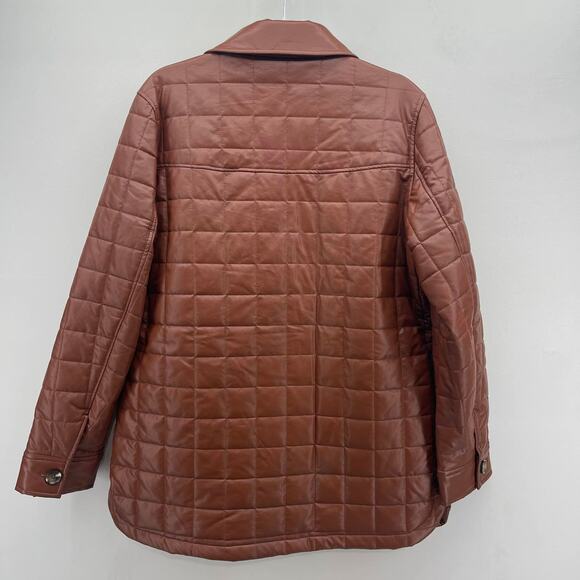 Sam Edelman Cognac Brown Box Quilted Faux Leather Button Up Shacket Jacket - Picture 2 of 10